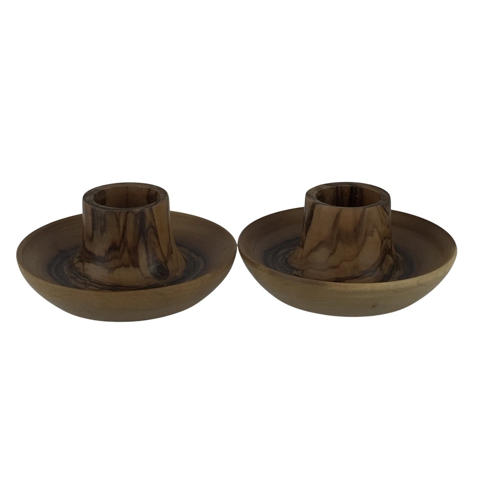 Handmade Wood Tapered Candle Holders 2.5" Brown Set of 2 Natural Grain MCM Style